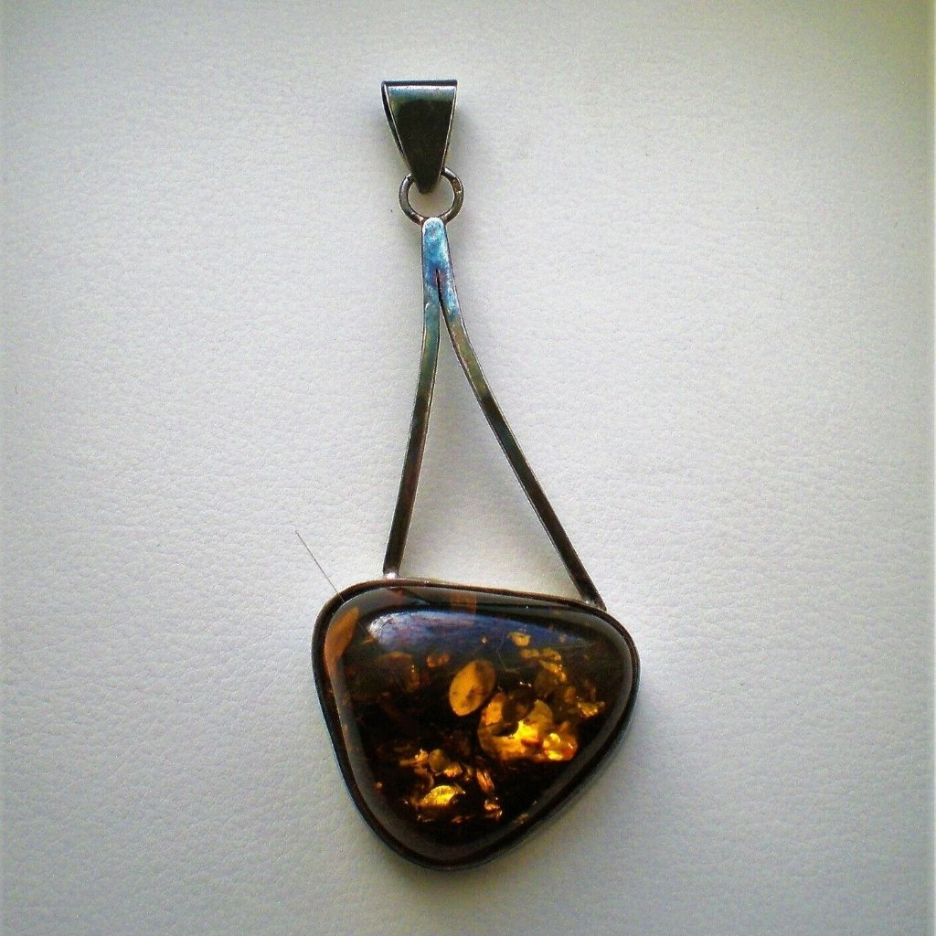 Vintage Huge Artisan Modernist Sterling Russian Baltic Honey Amber Pendant
